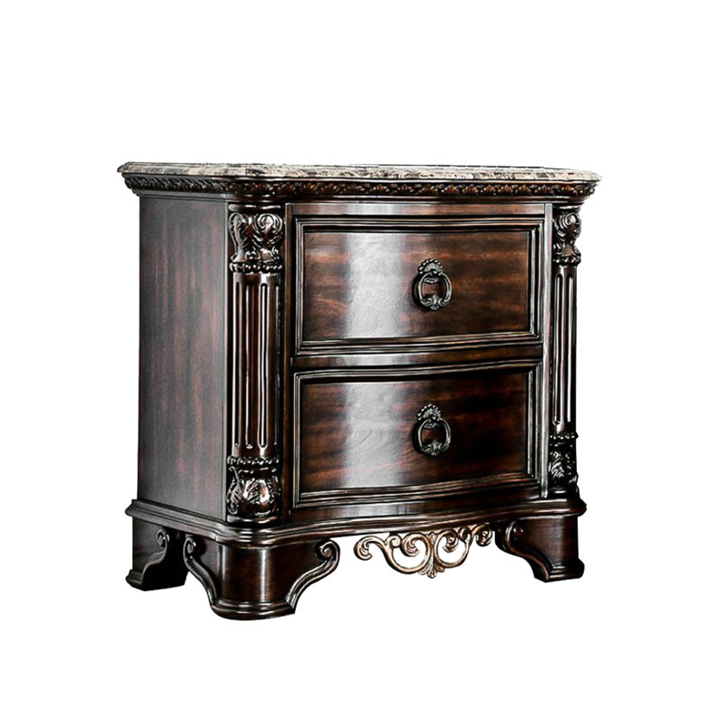 Table de chevet en marbre véritable à 2 tiroirs, cerisier brun - table de chevet Fortitude avec ouvertures et housse Solidity