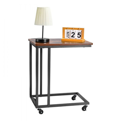 C Table with Metal Frame Rolling Casters C Shaped Sofa Side Table for Bed