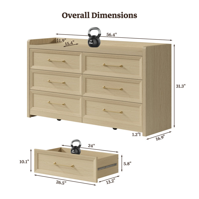 Commode moderne à 56 tiroirs l 56,4 po, Chêne clair