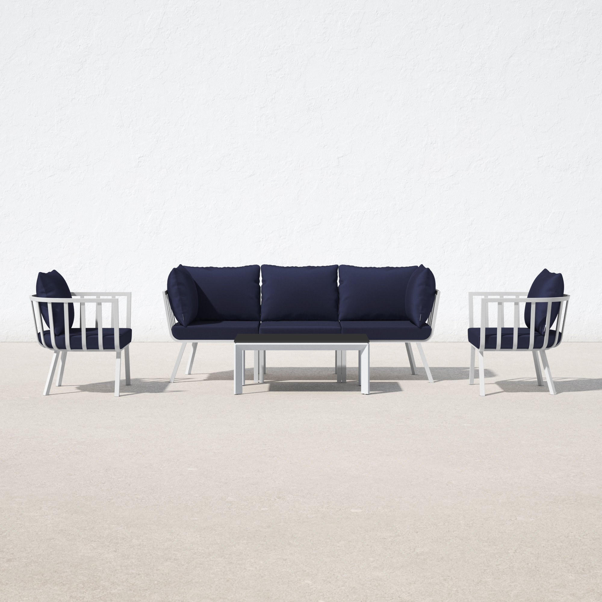 Riverside 5 Piece Outdoor Patio Aluminum Set, White Frame/Navy Cushion