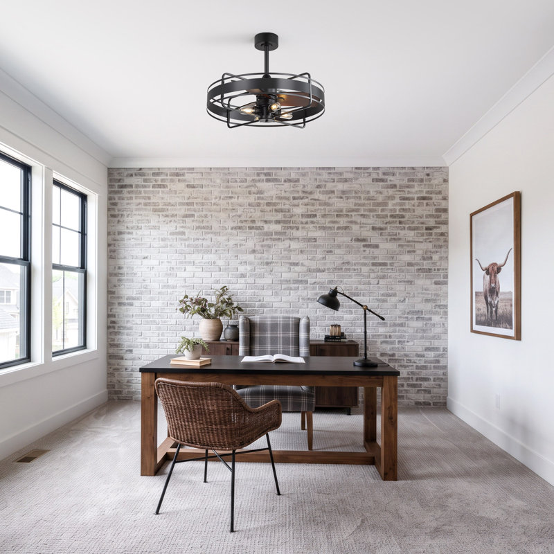Ventilateur de plafond en cage 28 po avec lumière et télécommande, moteur à courant continu réversible à 3 pales, fandelier E12 à 4 lumières, pales noires / noyer