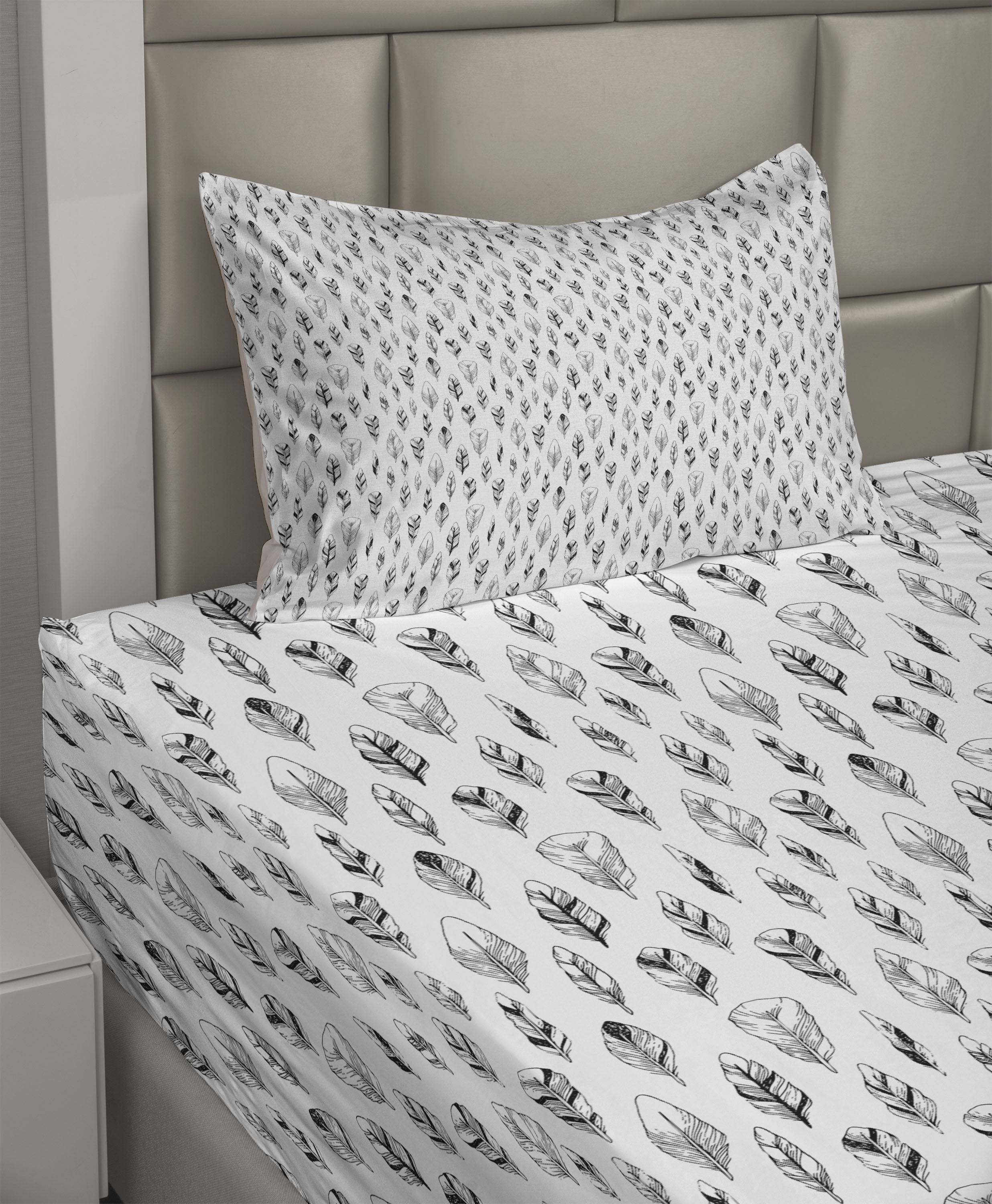 Ambesonne Vintage Sheet Set Bitonal Hand-Drawn Feathers Charcoal Grey ...
