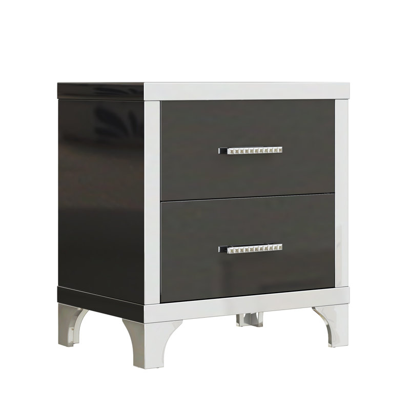 Table de chevet haute brillance avec poignées en métal et 2 tiroirs pour la chambre à coucher et le salon, noir, Noir