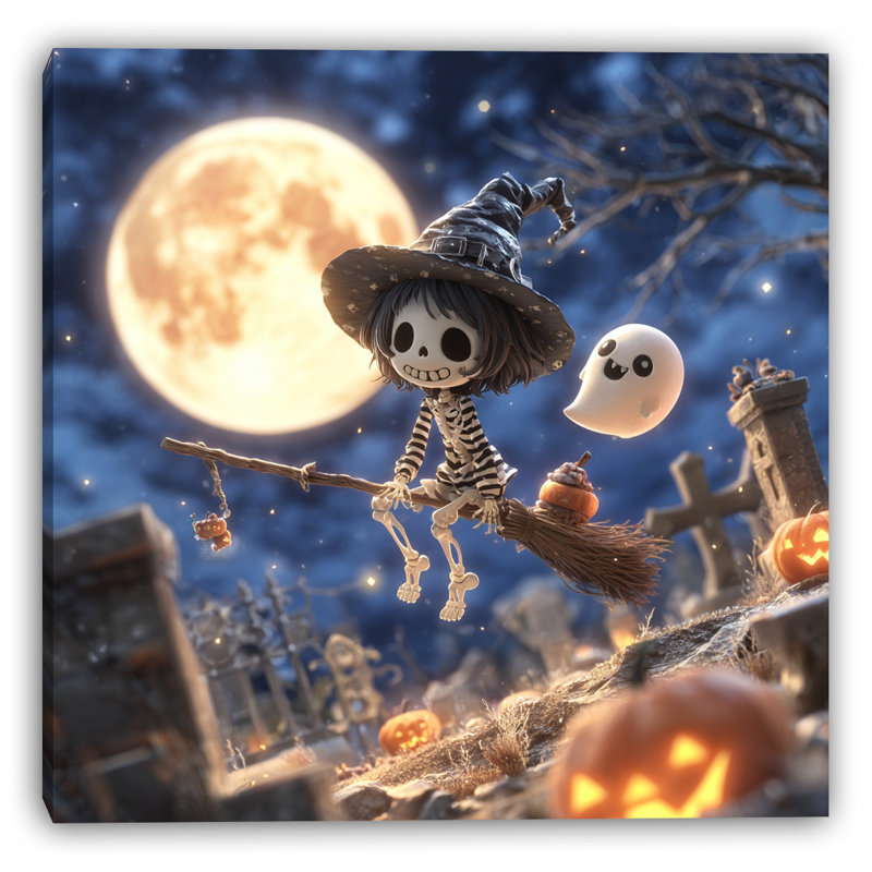 Skeleton Witch Ride Wrapped Canvas Wall Art
