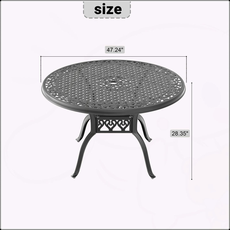 Table de salle à manger 47,24 pouces en fonte d'aluminium avec structure noire et trou pour parasol