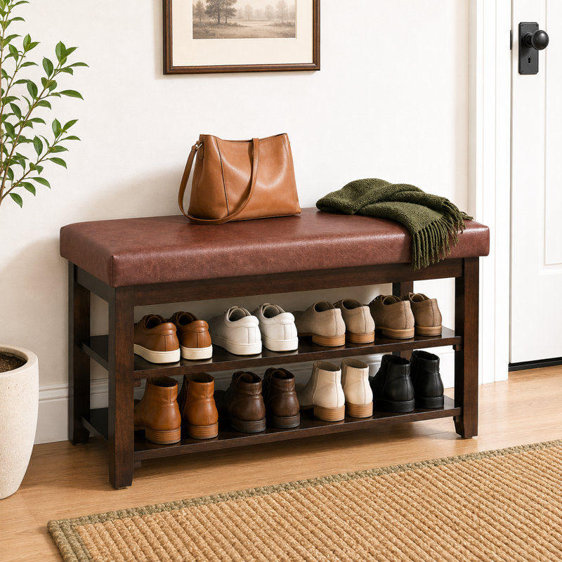 40" Solid Wood Shoe Bench with Cushion, 2-Tier Entryway Storage Bench, Brown