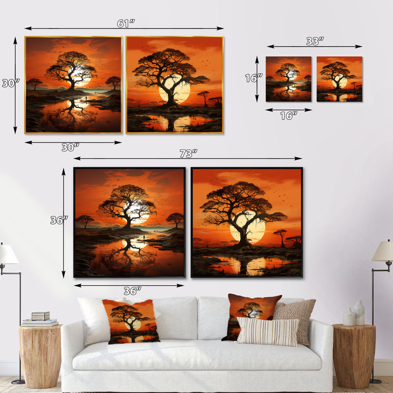 Coucher de soleil silhouettes d'arbre baobab, H 16 po x l 33 po, Cadre flottant blanc