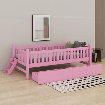 Lit plateforme simple en bois avec 2 tiroirs et garde-corps