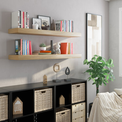 Long Fireplace Mantel, Floating Bookshelf With Hidden Bracket, Wall Shelf For Kitchen Decor, Office Shelf, Farmhouse And Rustic Decor, Thick, White Oak Veneered, Home Organization, Natural Finish