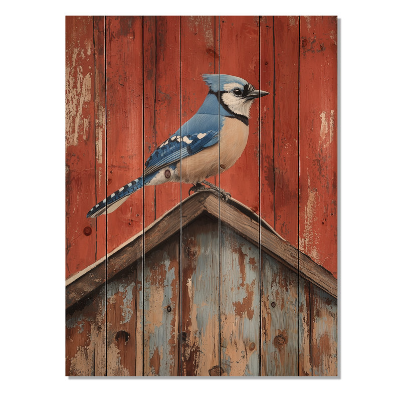 Blue Jay On The Barn Roof - Bird Wood Wall Decor - On Natural Pine Wood, 40" H x 30" W x 0.78" D