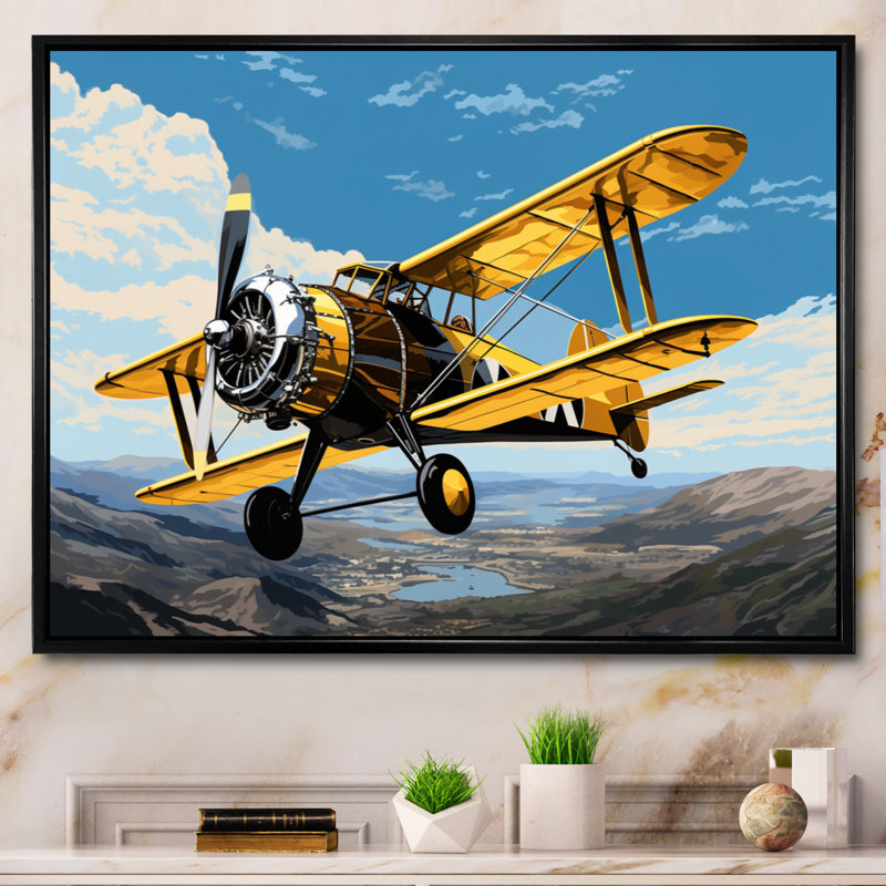 «Yellow Airoplane Over The Lake», reproduction d'art sur toile encadrée, H 30 po x l 40 po x P 1,5 po, Cadre flottant noir