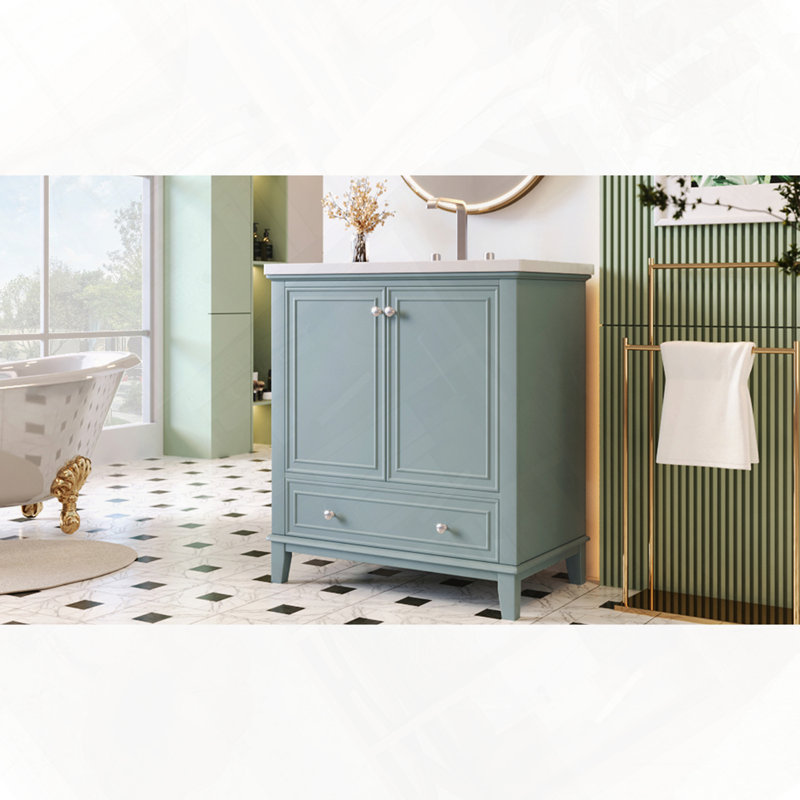 Ensemble de meuble-lavabo de salle de bain avec lavabo et porte d'armoire multifonctionnelle, Vert