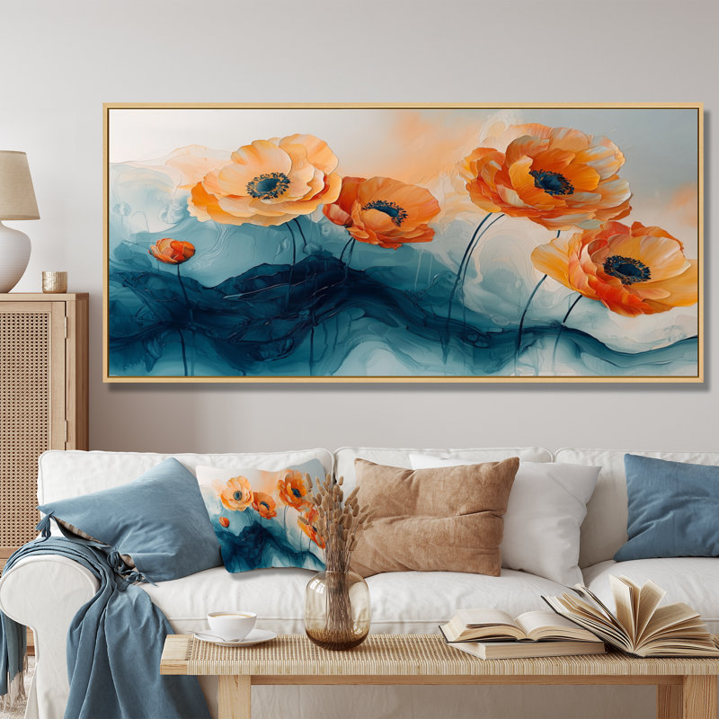 Aquarelle de fleurs de renoncule, rivière II - renoncules, H 28 po x l 60 po, Floater Framed, Doré
