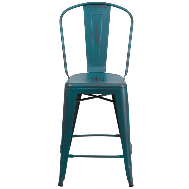 Commercial Grade Distressed Metal Indoor-Outdoor Counter Height Stool with Back, Kelly Blue, Counter Stool (24" Seat Height)