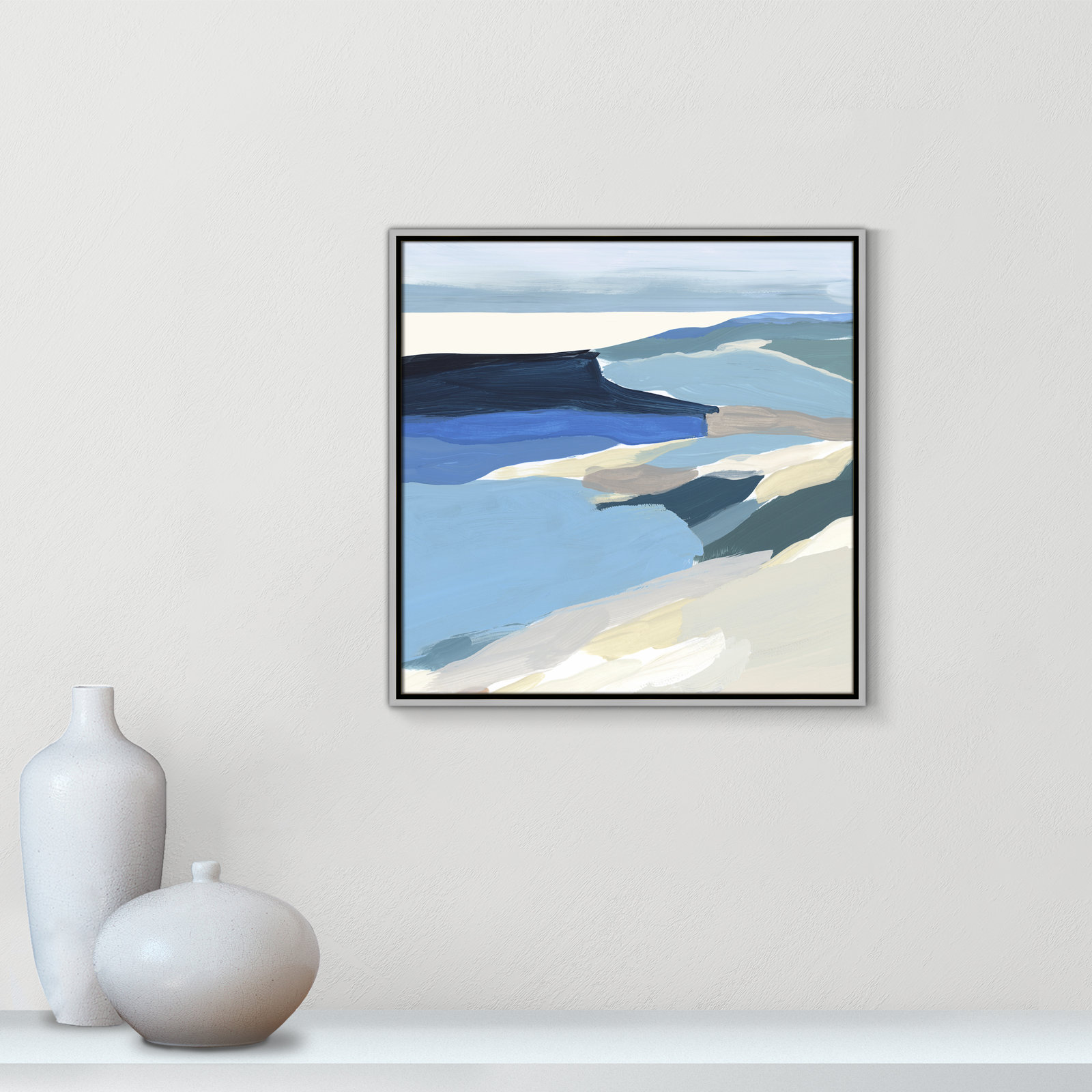 Decker "Graham Lake II" Painting, 25.5" H x 25.5" W x 2" D, Silver Framed Canvas