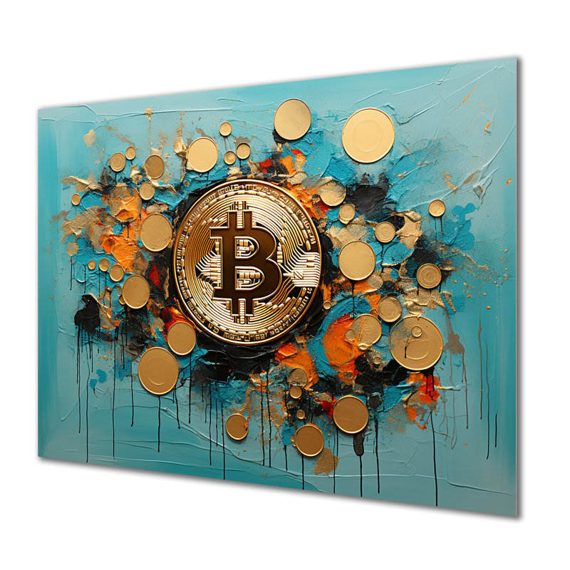 Or et bleu Crypto Bitcoin collage - art mural en métal Fashion Bitcoin MT132168, H 30 po x l 40 po x P 1,5 po