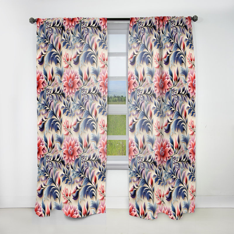 Fougères roses et bleues Ethno Damask - Floral, L 52 po x L 108 po