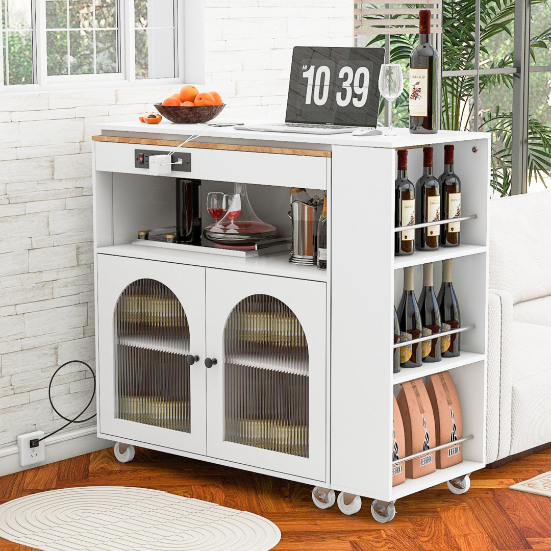 K&K Rolling Kitchen Island With Extended Table, Kitchen Island on Wheels with LED Lights,Power Outlets and 2 Fluted Glass Doors, Kitchen Island with a Storage Compartment and Side 3 Open Shelves Wrought Studio™ Base 