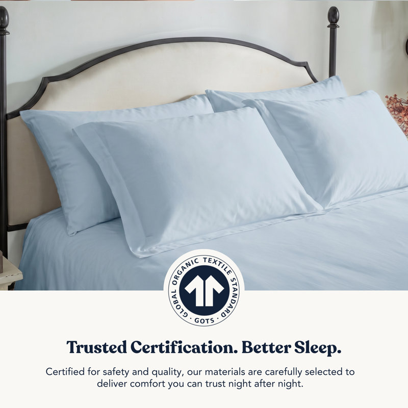 Ensemble de draps 100% coton biologique 100% percale certifié GOTS, ultra doux et soyeux, évacuant l'humidité, Bleu clair