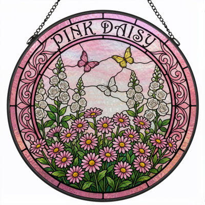 12"H Pink Daisy Stained Glass Window Panel