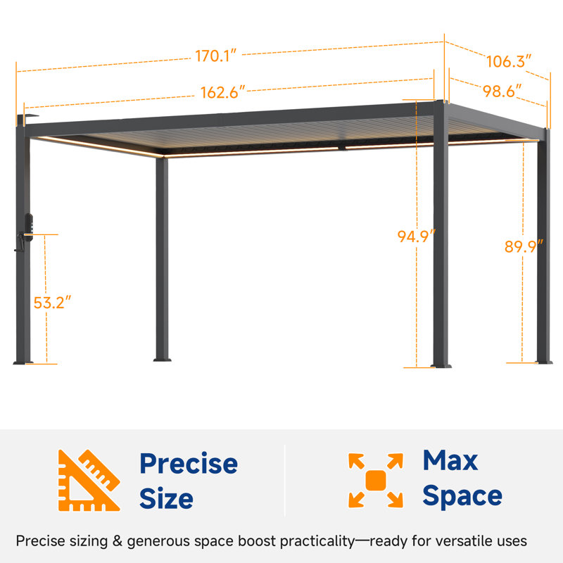 Waterproof Outdoor Pergola with LED Strip Lights, Rust-Proof Metal Pergola with Adjustable Roof for All-Weather Shade, 9x14FT