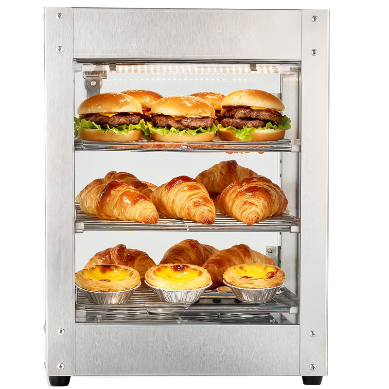 Réchaud commercial à 3 niveaux, présentoir 800 W avec lumière DEL, tablette réglable et cadre en acier inoxydable, chauffage à air chaud 86 185 185 ℉, 34 L pour hamburger, pizza, pain, poulet frit