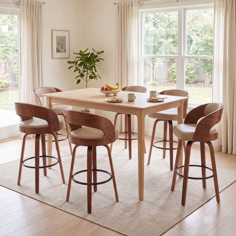Tabouret de comptoir pivotant moderne de 26 po avec cadre en bois cintré, Beige