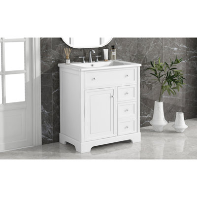 30" Bathroom Vanity With Sink Top, Bathroom Vanity Cabinet With Door And Two Drawers, MDF Boards, Solid Wood, One Package, White (Old Sku:N725P198484K)