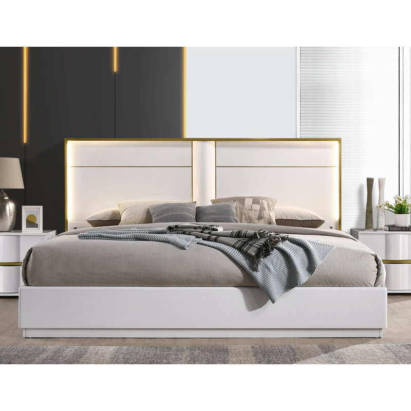 Milly White with Gold Trimming & LED Lighting Platform Modern Bed , Queen