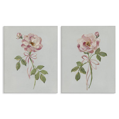 Pink Rose Sprigs with Bows 2 Piece Canvas Wall Art Set, design by Sally Swatland