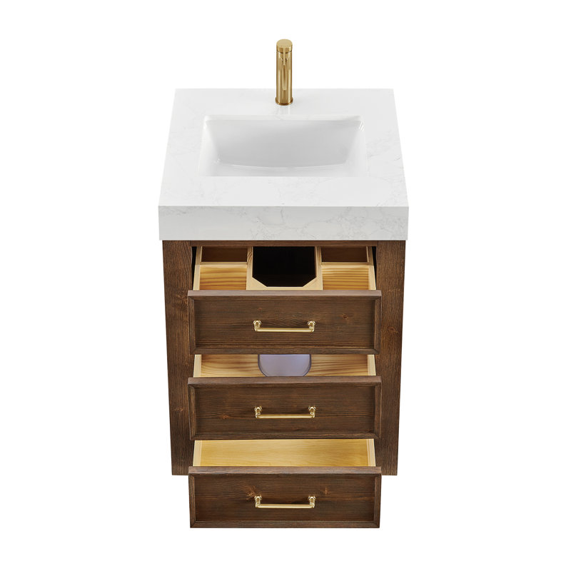 Meuble-lavabo simple Frederica de 61 cm (24 po) en épicéa brun vieilli avec comptoir en pierre composite et miroir, Blanc