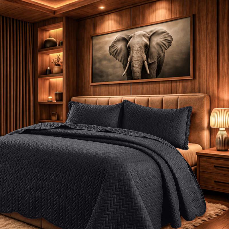 Microfiber Embossed Oversized Bedspread Set With Shams – Modern & Contemporary, Machine Washable, Dust-Resistant, Black