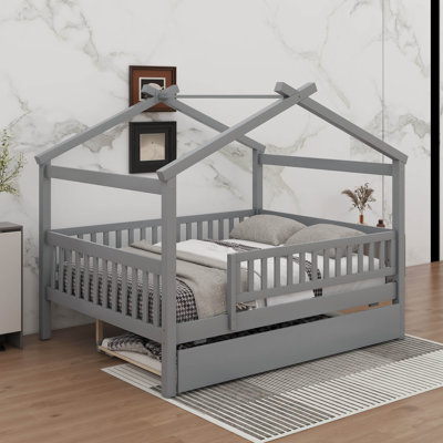 Full Size Wooden House Bed With Twin Size Trundle, House-Shaped Platform Bed Frame With Safety Guardrails