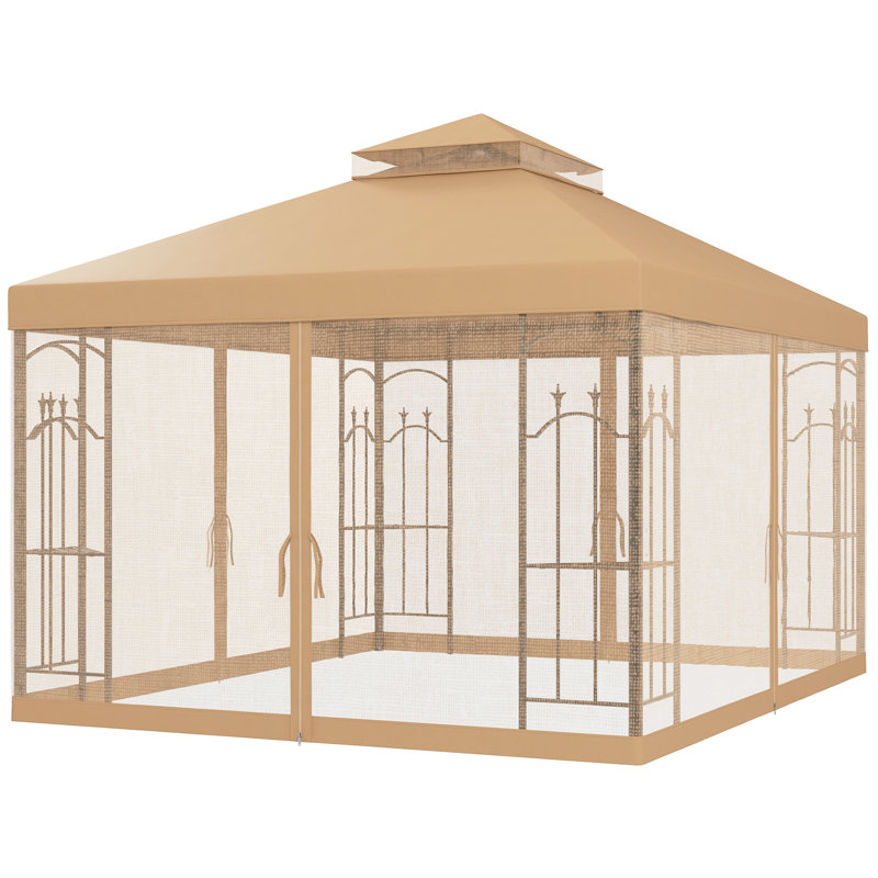 Gazebo 10' x 10' Steel Garden Gazebo with Mesh Curtains - Beige, Cream White, 120" H x 120" W x 120" D