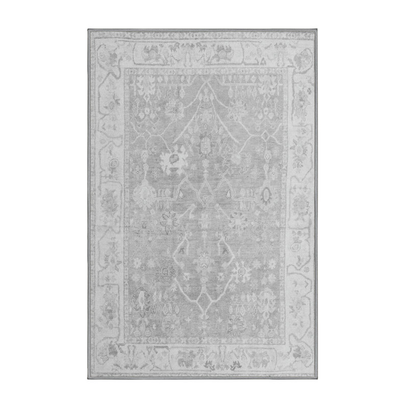 Tapis oriental en laine / polyester tissé à la machine en gris / blanc / noir, Rectangle 7 pi x 10 pi