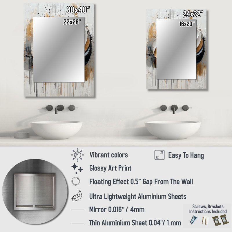 Black And White Ink Organic Fusion II - Abstract Shapes Mirror, Gold Decorative Wall Mirror, Printed Metal Art, 32" x 24"