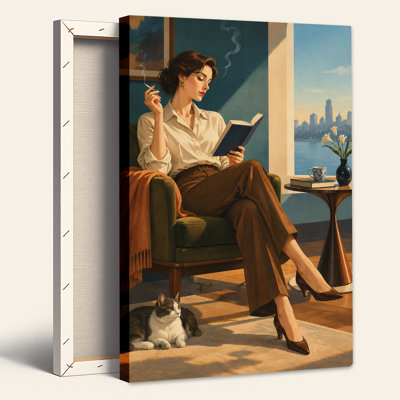 Woman Reading Book In Green Armchair With Cat Canvas Wall Art