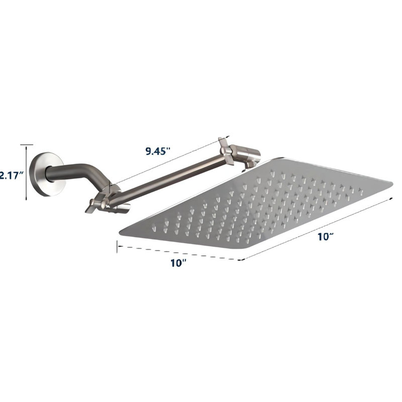 Brushed Nickel 10" Square Stainless Steel Shower Head - Rainfall & High , Self-Cleaning, Corrosion , Adjustable Arm, Wall Mounted, Nozzle- Scaling In Arm Mount, Installation, Nozzle Protection Benefit