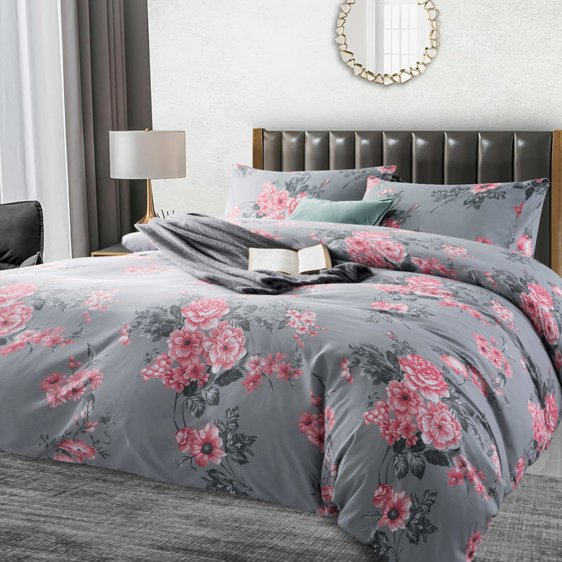 250TC Brushed Microfiber Duvet Cover Set with Pillowcases (3 in 1), Grey/Pink Floral