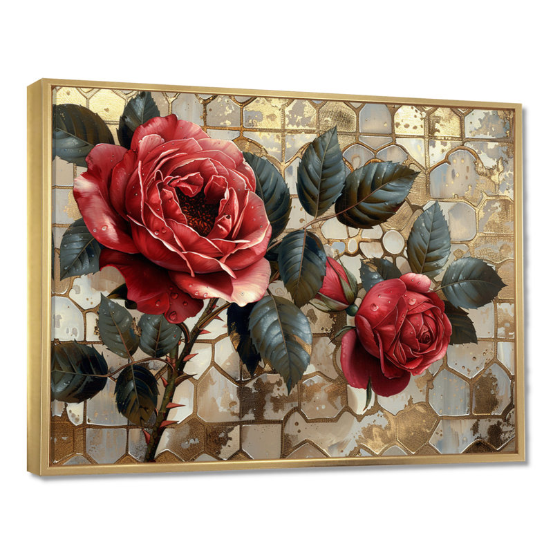 «Red Rose Vintage Silver Gold I - Roses», art mural, Toile avec cadre flottant or, H 12 po x l 20 po x P 1 po