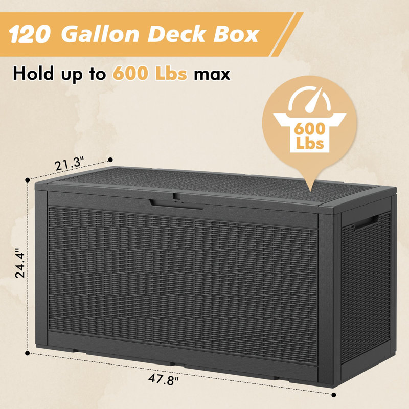 Water Resistant Resin Lockable Deck Box, Black, 24.4" H x 47.8" W x 21.3" D