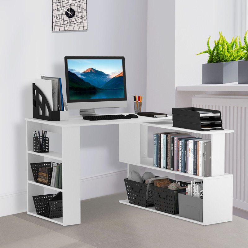 HOMCOM L Shaped Desk with Bookshelf, White