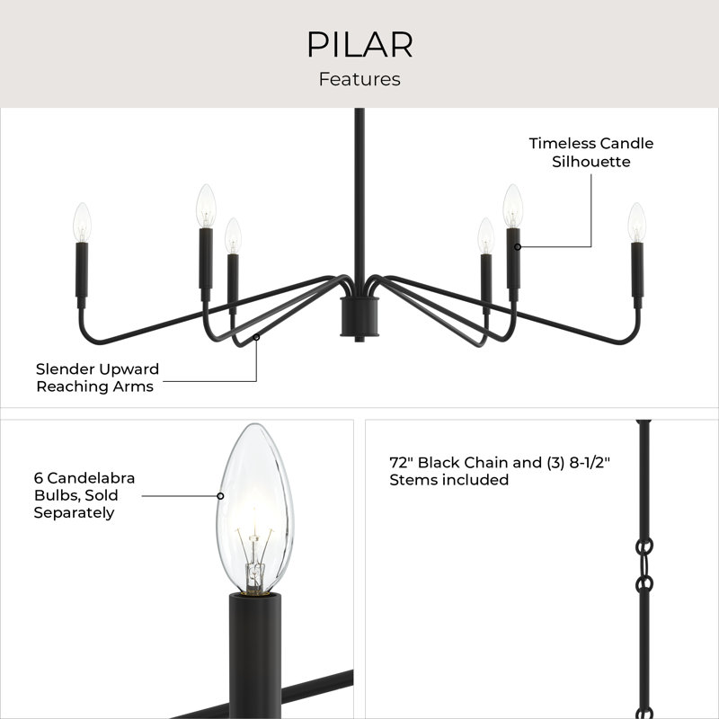 Pilar 6-Light Matte Black Chandelier, Matte Black