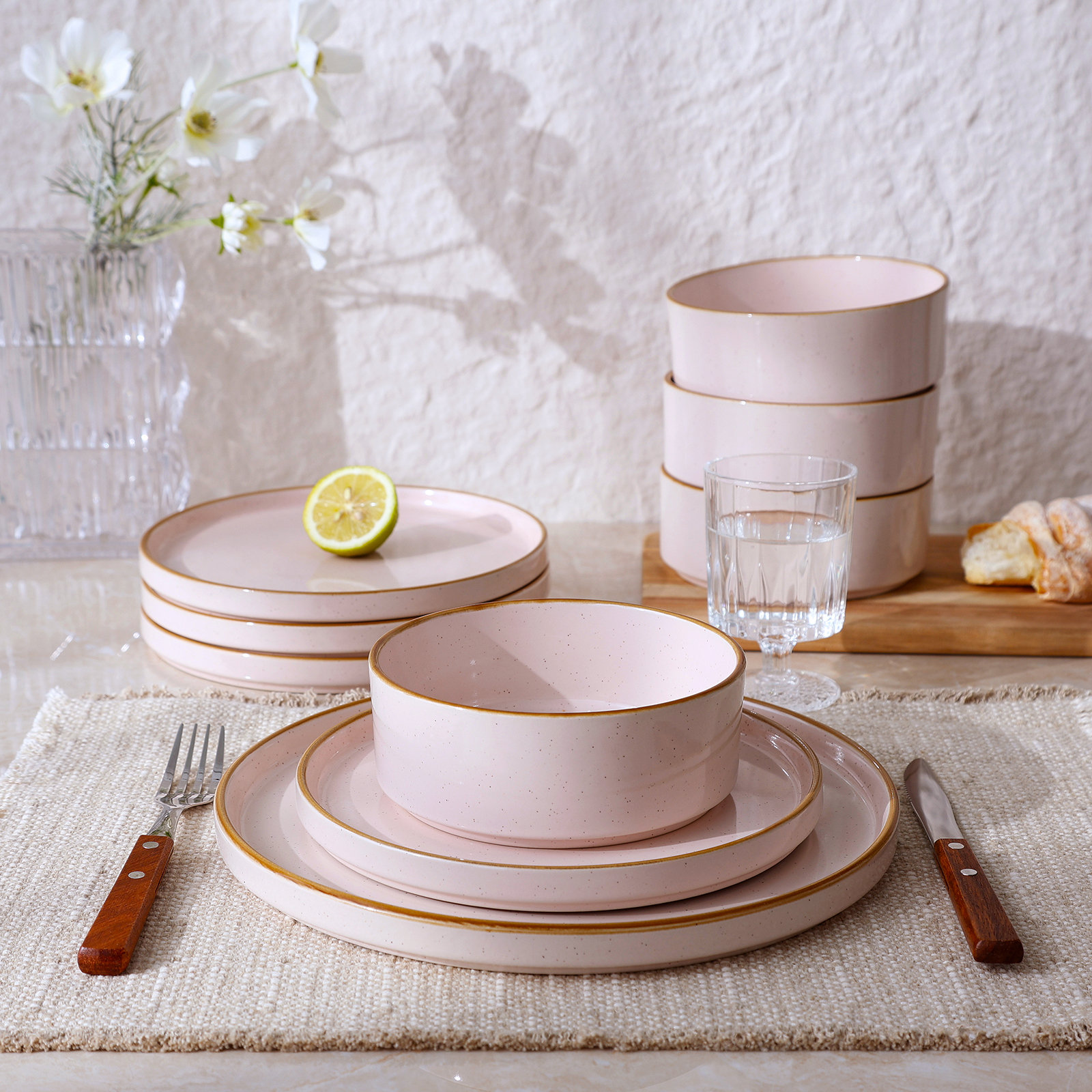  Nebula Plates And Bowls Sets, 12 Piece Dinnerware Sets, Light Pink with Brown Rim