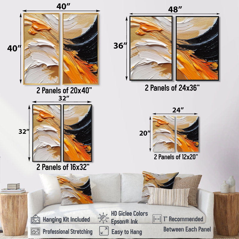 Orange And Black Mystic Spirals I - Orange Art Prints On Canvas, Black, Floater Framed Print without Mat, 36" H x 48" W