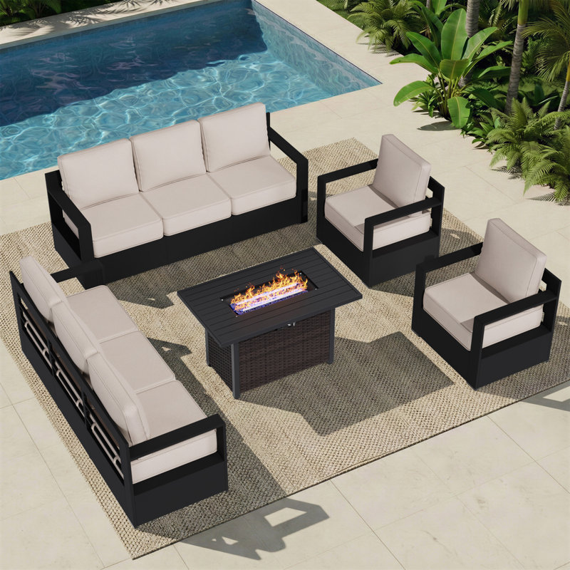 8-Person Aluminum & Iron Outdoor Lounge Set with Plush Cushions and Convertible Fire Pit Table, Beige, Black/Brown