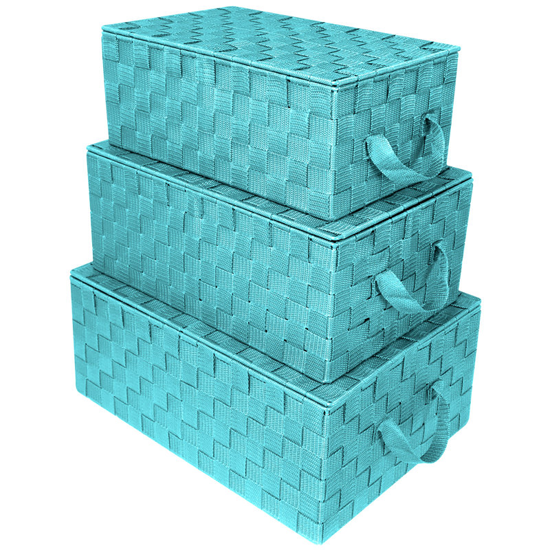 Sorbus Stackable Woven Basket with Lid and Carry Handles 3 Pack in Aqua