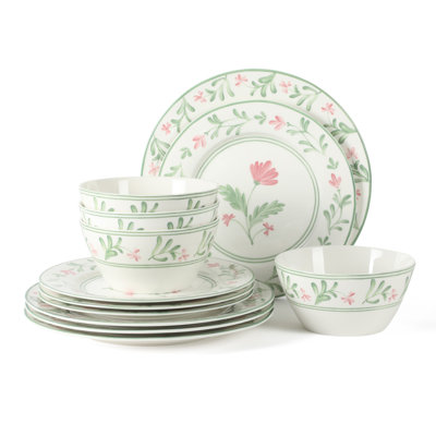 Martha Stewart Maiden Crown 12-Piece Taupe Dinnerware Set – Vegan Bone China Ceramic Plates & Bowls – Floral Design – Service for 4 – Dishwasher & Microwave Safe