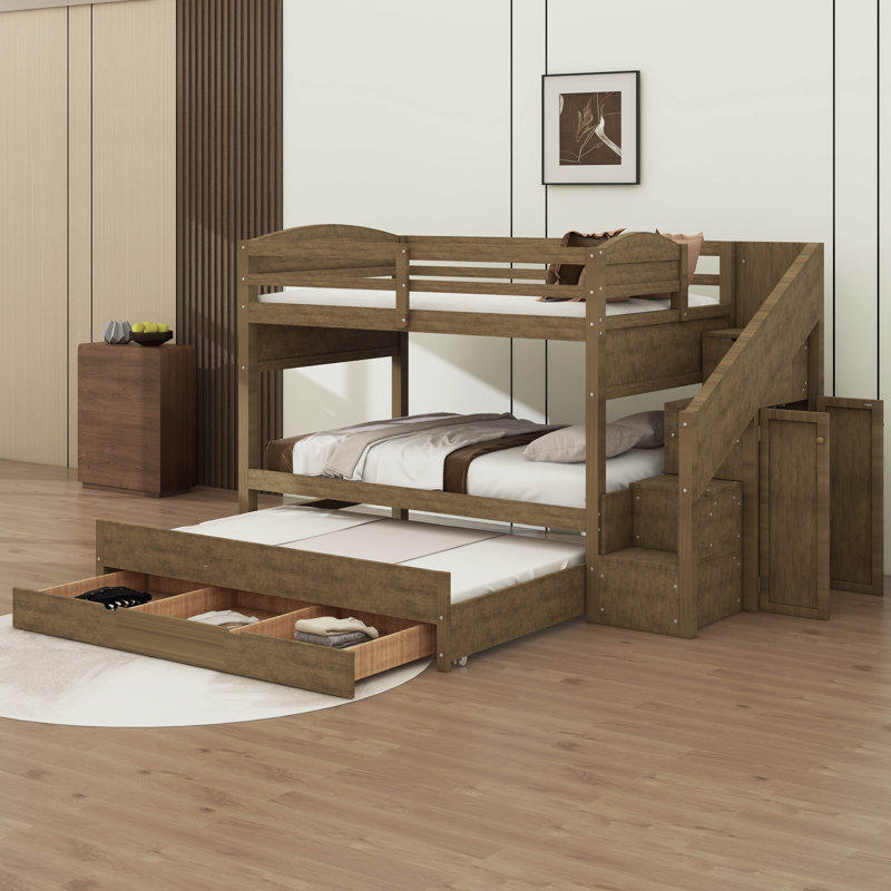 Lit superposé avec lit gigogne, escalier de rangement, garde-robe et 3 tiroirs, structure en bois superposée peu encombrante