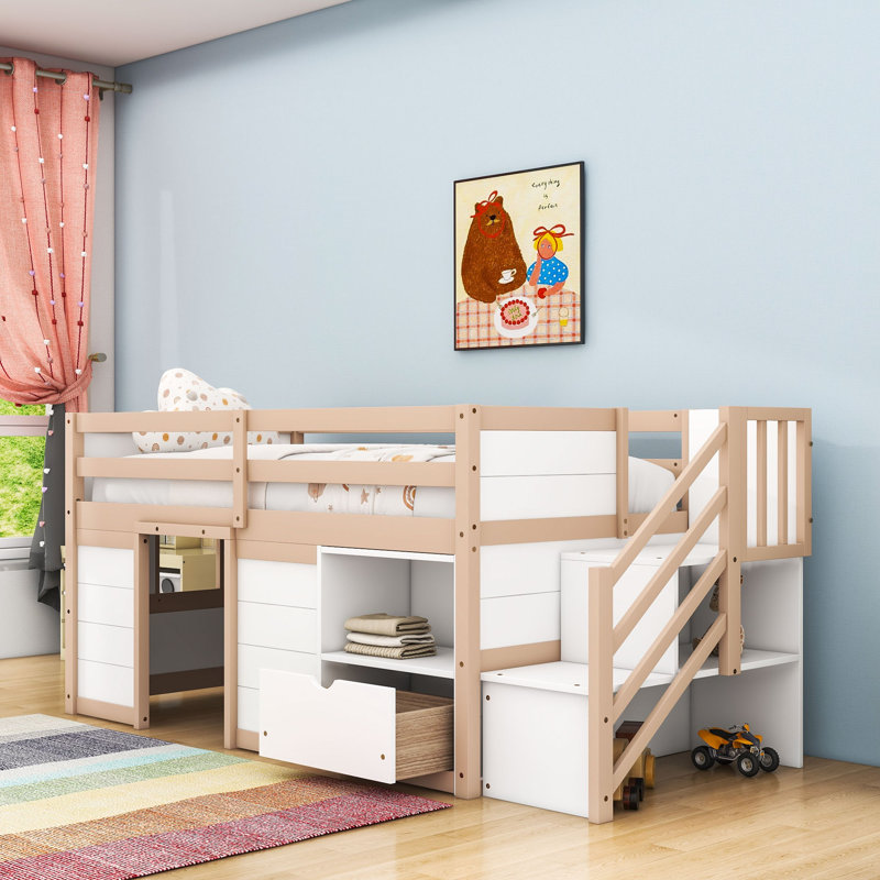 Twin Low Loft Bed With Built-In Stairs And Storage Drawer,Shelves, Cream/White